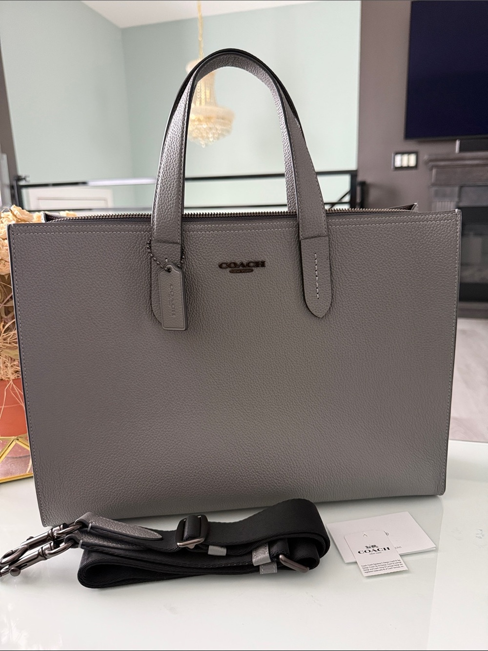 NWT Coach Charlie Gray Pebbled Leather Structured Tote with Removable Strap
